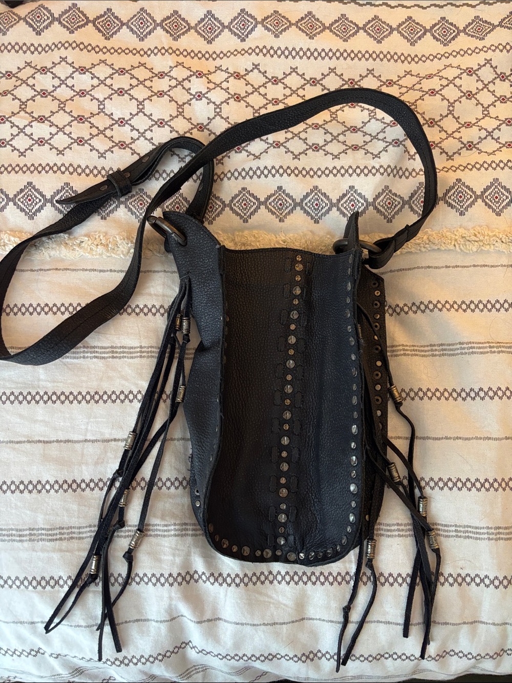 Free People Black Studded Fringe Crossbody Purse. 100% Cow Hide
